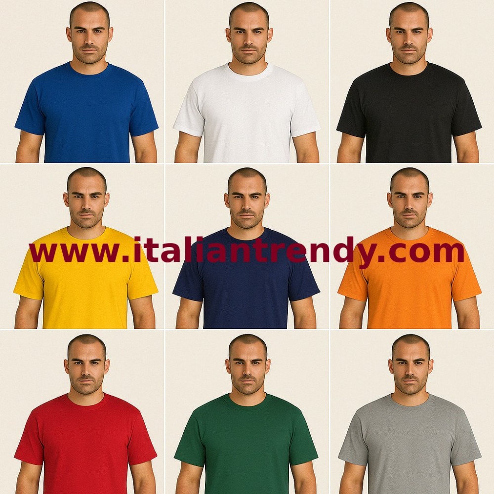 Stock di maglie a Manica Corta T-Shirts in Cotone  Azzurro Royal, Blu, Nero, Rosso, Giallo, Arancio, Grigio, Antracite, Verde.