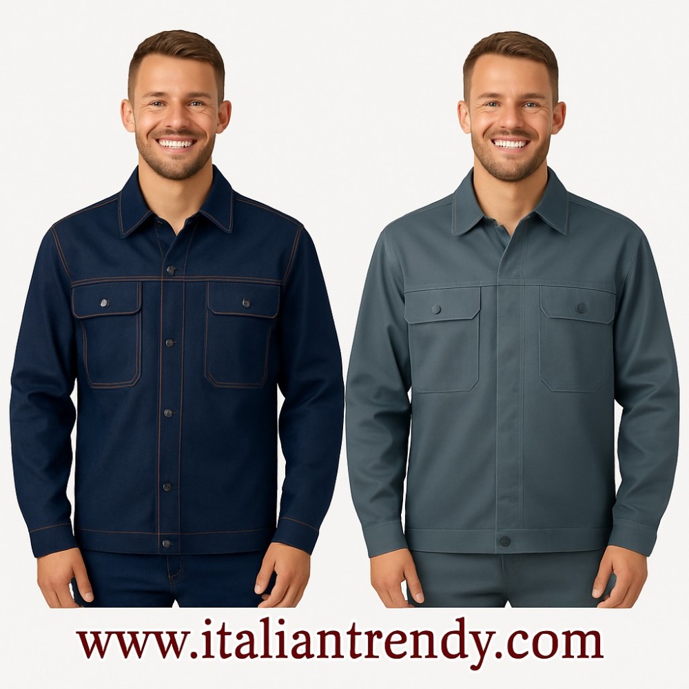 Arbeitsjacke aus Stretch-Baumwolle, blau oder grau, Brusttaschen.