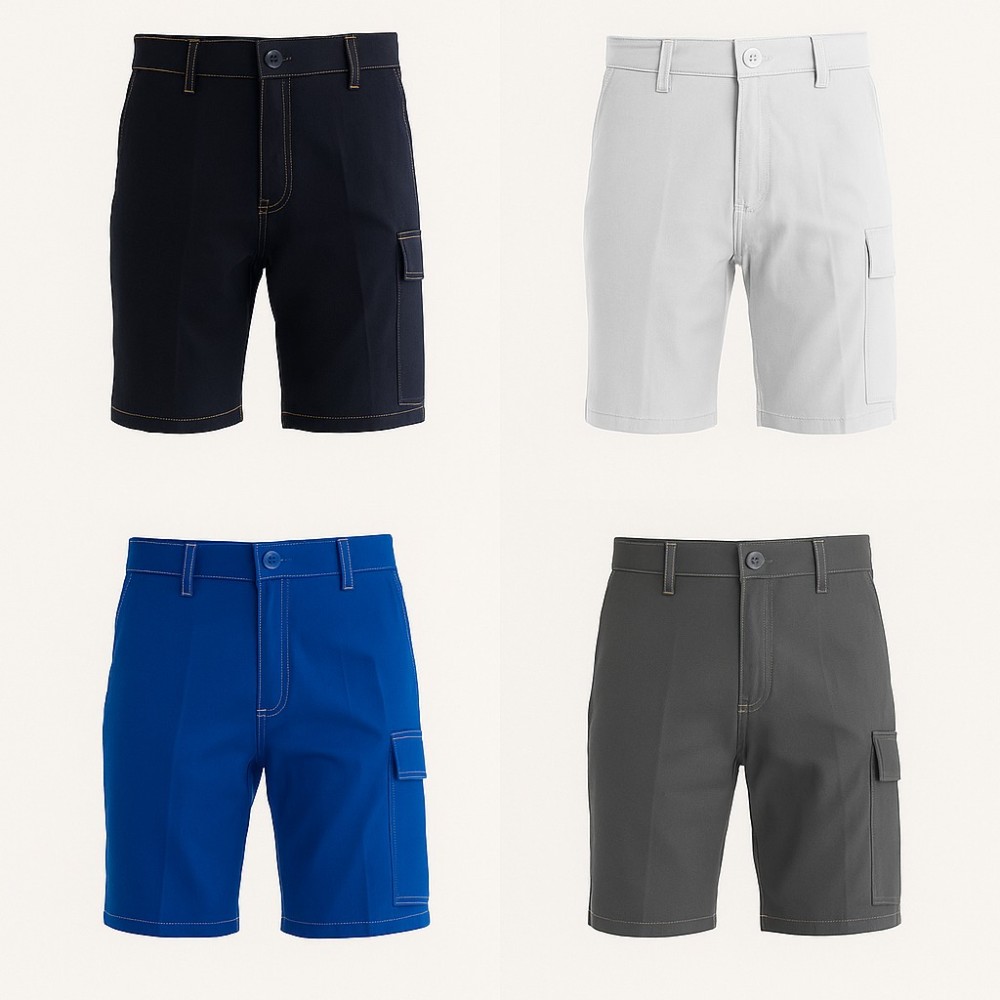 Lightweight but sturdy work Bermuda shorts in blue, gray, black, white, and light blue.