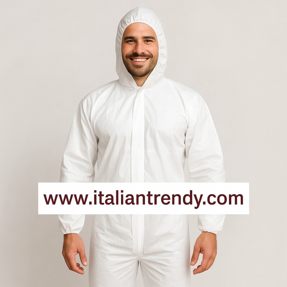 White Polyethylene Work Coverall with Hood 41 g/sqm CE III Pro Tech