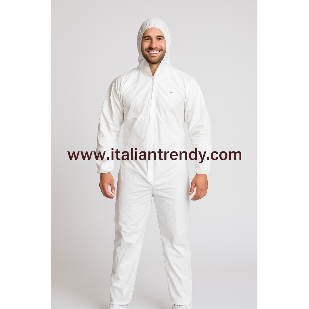 Combinaison jetable à capuche blanche en polyéthylène de 40 g / m² pour carrosserie.