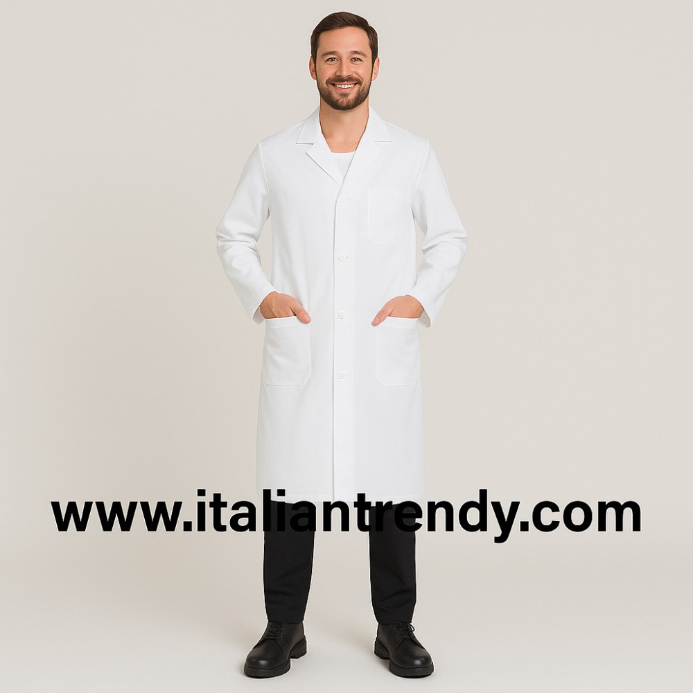 Langer weißer Baumwollkittel für Männer für den Einsatz im Krankenhaus oder für den allgemeinen Gebrauch.