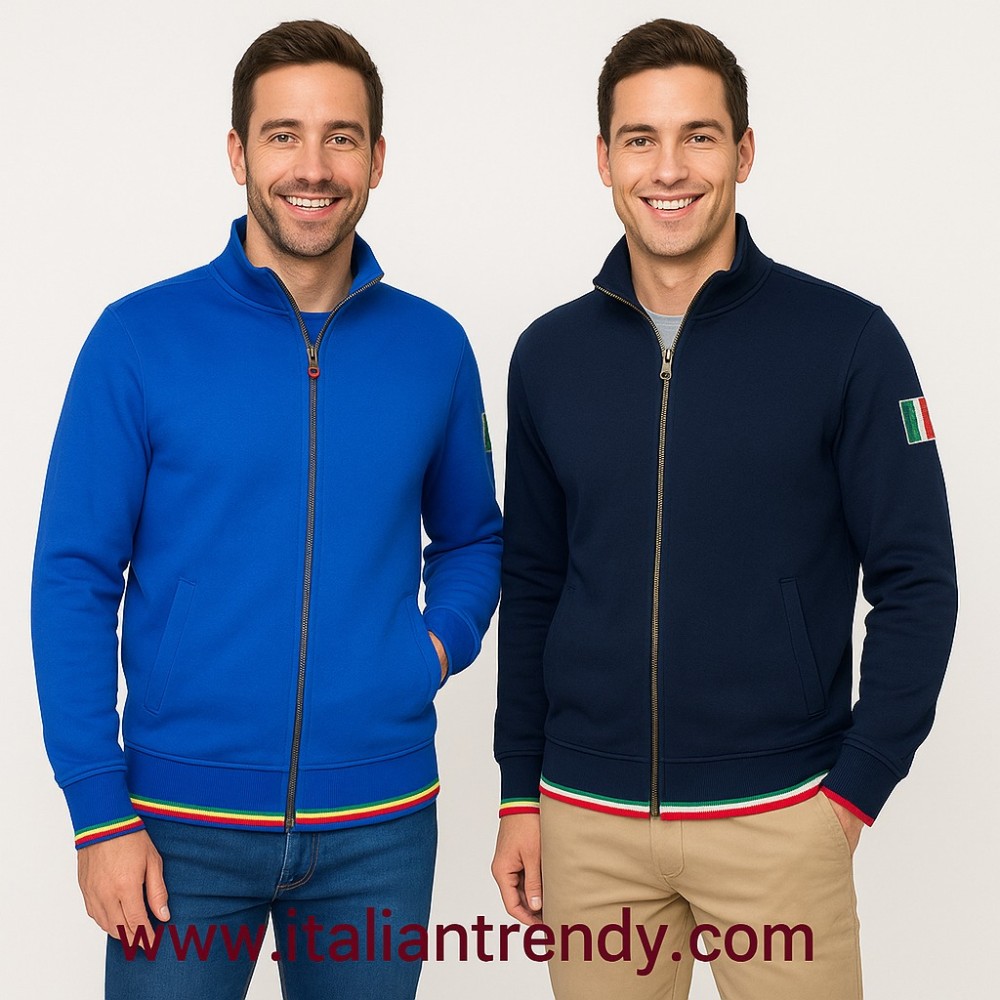 felpa con collo alto a giubbino aperta con zip e bordi tricolore hh184 italiantrendy milano
